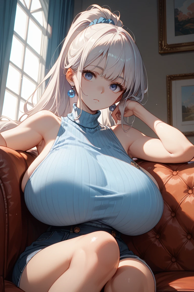 Ino yamanaka, komono, nevando, sitted,Purple clothes,Off-the-shoulder attire,cleavage,ssmile,Be red in the face,inside in room,Close-up close-up,with a good figure,puffy lips, wide hips, thick thighs, huge ass, enormous huge natural breasts, cleavage, mature mom,detailed fingers, accurate fingers, white hair