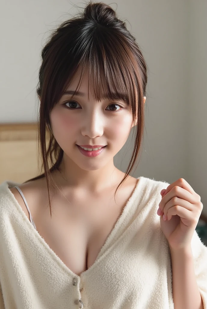 masterpiece,best quality,(nude:1.2),(Japanese girl),((Beautiful girl)),cleavage,indoor,(perfect body beauty:1.2),(shy smile),beautiful teeth,From slightly above