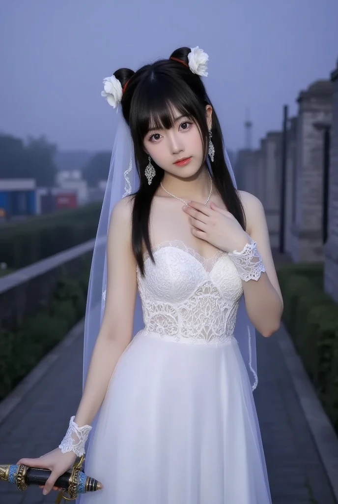 (((Pixel perfect, Perfect details))), alone, 1 girl, keke tang, Close-up of beautiful bride wearing beautiful wedding dress,Gurwitz, (bridal veil:1.5),(transparent short veil:1.5),blush,eye shadow,Blushing face,Head flower,headgear,bouquet,(tube top wedding dress:1.5),(silk dress:1.2),(strapless wedding dress:1.5),pure white dress,necklace,earrings,(large breasts:1.3),Bangs,lipstick,(White long elbow gloves:1.4),whole body照,High-detail RAW color art,White long skirt,whole body,(standing on the railroad tracks:1.3),18 years old, (long twintails:1.5),(double bun:1.5), black hair
