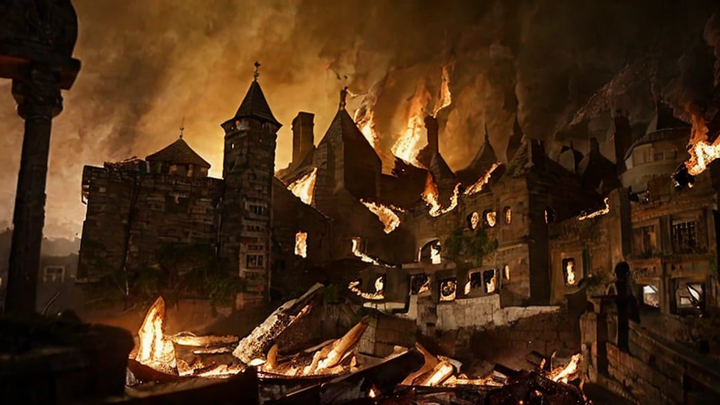 (masterpiece), (extremely intricate), fantasy, (((photorealistic photo))), (perfect composition), (4k), high quality, best quality,((extremely detailed art)),
(((a raid on the village, burning houses))), fire, smoke, gray smoke, ((side view,)) residents scatter, torch wars, wars in armor
