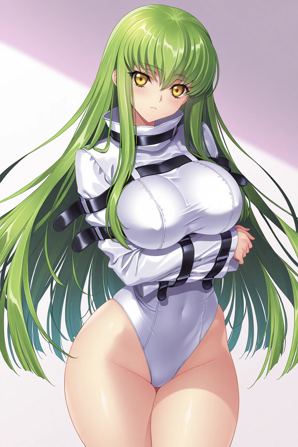 masterpiece, best quality, very aesthetic, absurdres, newest,1girl, areola_slip,,c.c(code_geass), 1girl, crossed_bangs, eyes_visible_through_hair, green_hair, medium_breasts, straight_hair, very_long_hair, white_footwear, white_gloves, white_jacket, white_pants, yellow_eyes,in balcony