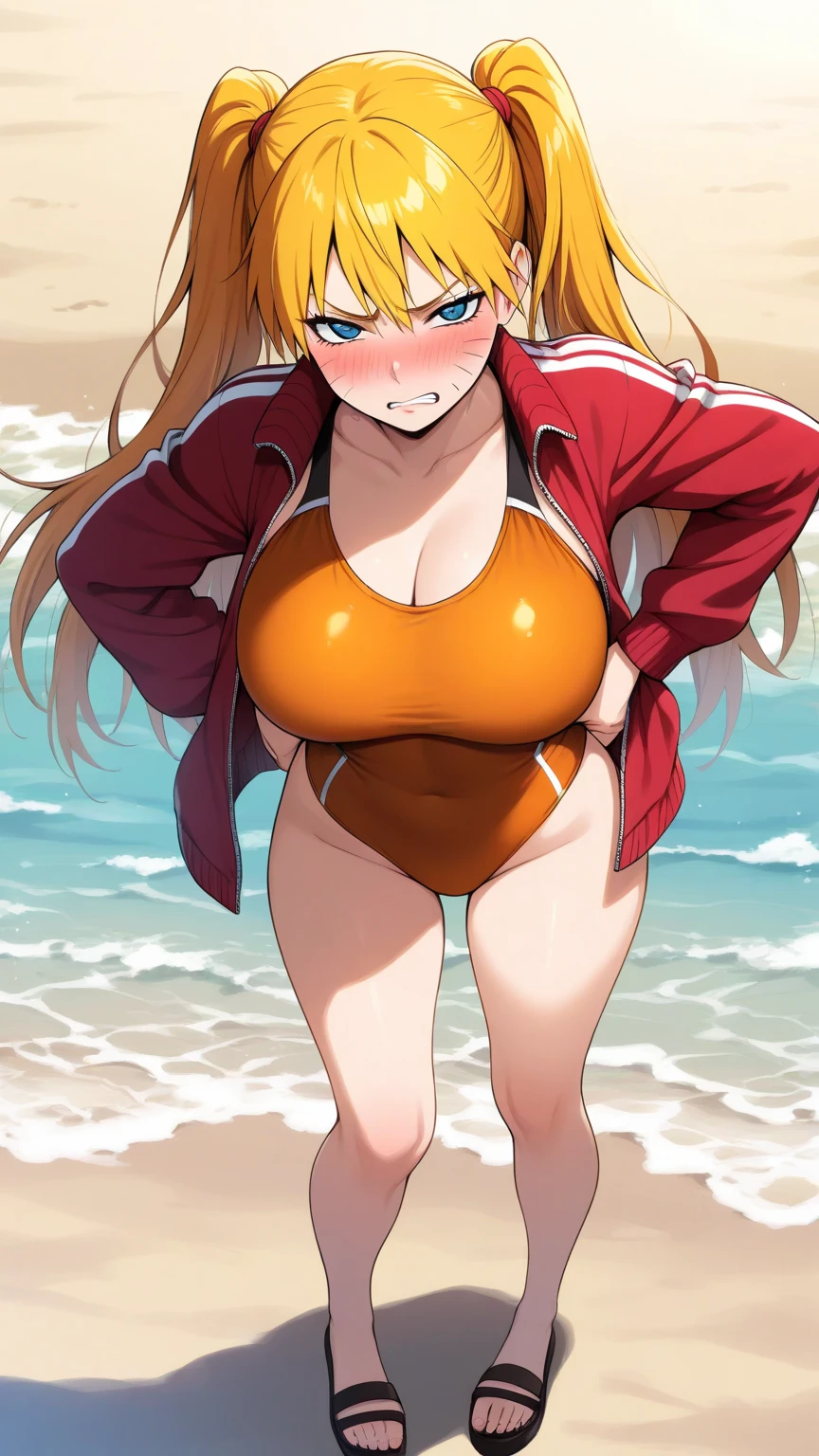 red dress,cleavage cutout,gigantic breasts,beach background,view from below,smile,thick body,cute smile,cum on mouth,cum on face
