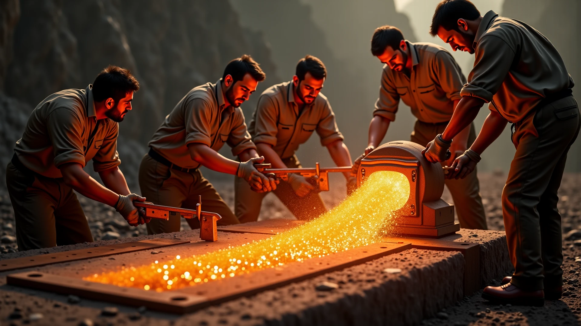 A photorealistic cinematic visualization of a sophisticated cutting technique. A team of men are shown using a large copper saw, not to cut the granite directly, but as a blade to carry an abrasive slurry of water and sharp quartz sand. It's the sand, glowing with a vibrant, cutting energy, that does the work.