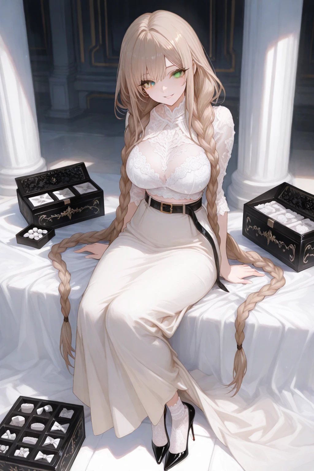 An extremely beautiful stunning woman with a perfect busty body, gold blonde long silky hair, big blue eyes, extremely super bright snow white fair stunning flawless glowing lush shiny flawless white skin, a perfect tight hourglass figure, and a skinny waist, sexy thick smooth luscious legs, and thighs, extremely cute smile on the face, bright pink blushes on cheeks, wearing a tight knee-length white floral dress, pink off-shoulder sweater, yellow heels, gold necklace on the neck, gold anklets on feet, gold chain on the waist, standing straight, holding a chocolate bar, garden in the background, show full body from head to feet.
