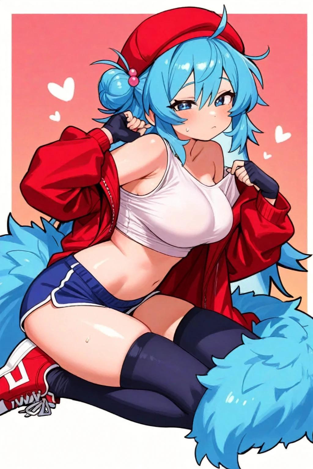 (Masterpiece) (High Detail) (High Res) A short humanoid girl with long blue hair and blue dog ears and a fluffy blue dog tail and average breasts. She is stood at ComicCon and she is wearing a superhero outfit with a red pleated skirt and blue cropped top. She has her hands behind her back and looks shy. Cosplay.
