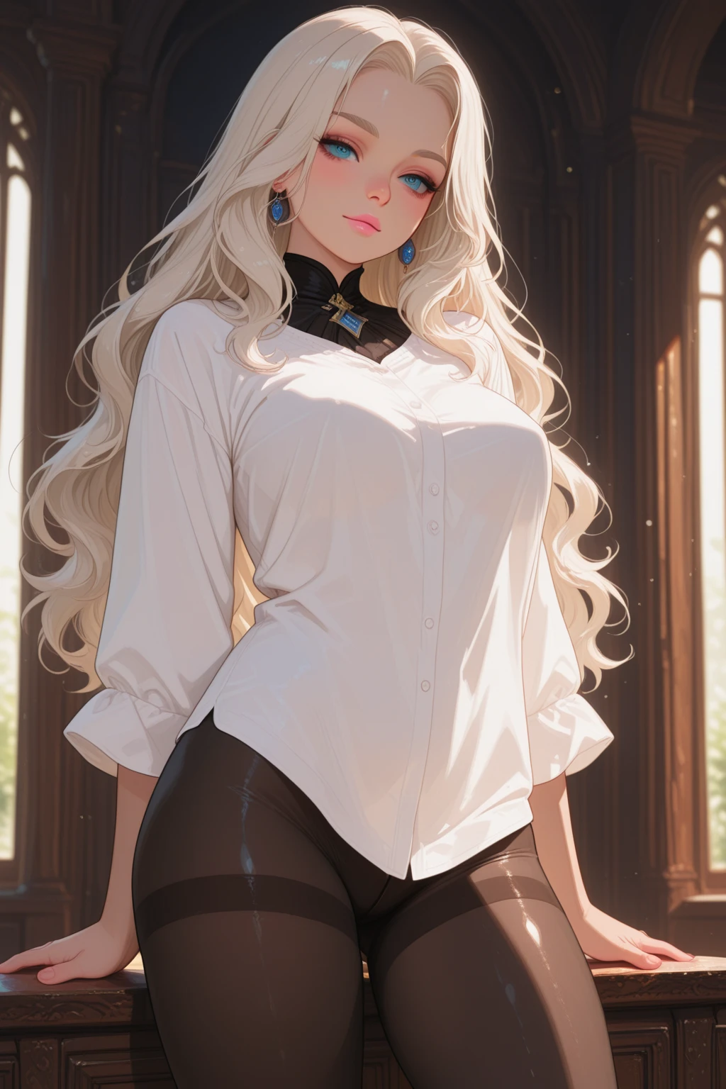 woman 18 years old,  long blonde hair, greeneyes, white blouse with neckline, medium sized breasts , calça legging, pussy, 