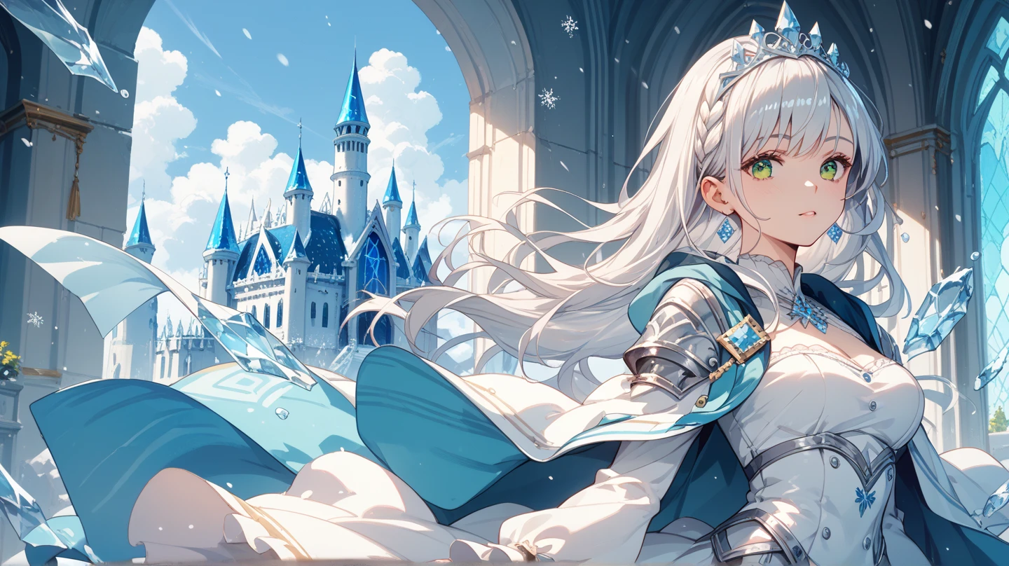 `Ice Queen in the Kingdom with the Sun in the Background, High resolution, Lots of details`