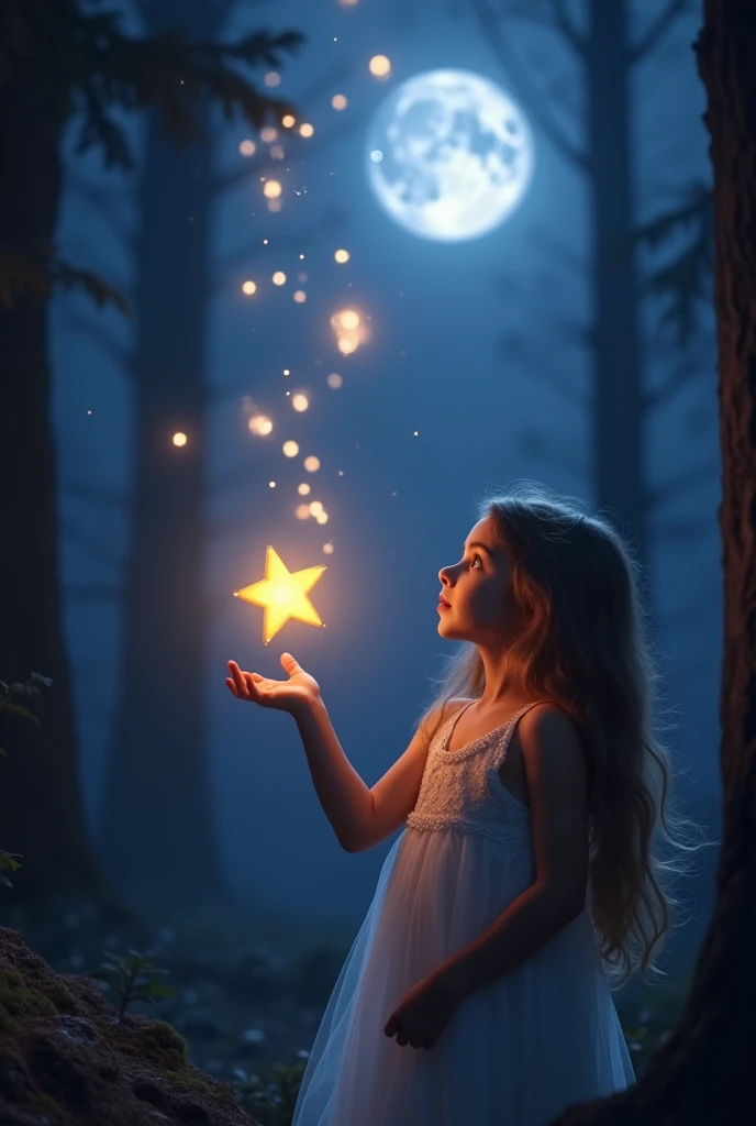 Star Sorceress photo realistic image of Star Sorceress, guardians of the night sky. This is a 5 year old girl with dark hair, intertwined with twinkling stars, dressed in a dress, like a dark starry sky. In her hands is a magic wand, emitting light rays. Small glowing stars hover around her, and the background is endless space with bright galaxies and shining nebulae, magic, Mysterious light