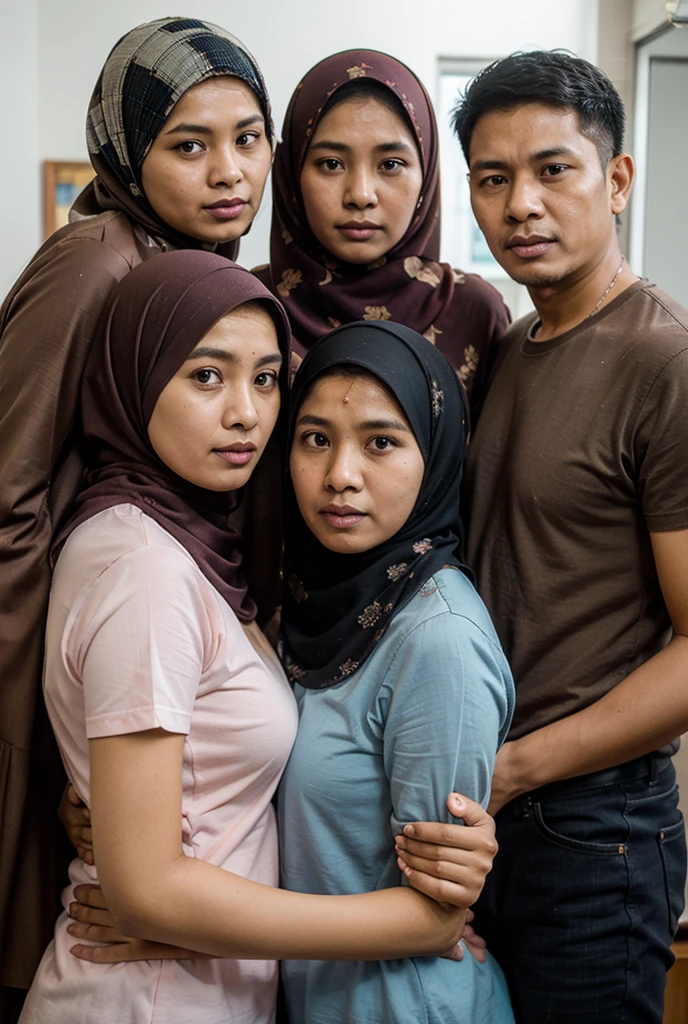 3D caricature photo, Indonesian family, big heads, wearing batik Muslim family uniforms, consisting of a father with neat short undercut hair, a mother wearing a hijab, a teenage daughter wearing a hijab and a small boy aged 5 years in family clothes, base stand version 2. Black background slightly enlightened smoky aesthetic. Realistic, warm, dynamic, UHD, 8k resolution photos.