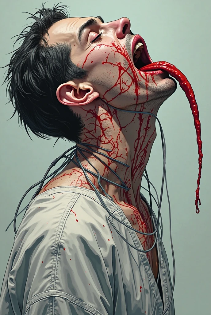 Man with liquid flowing from upper body、 My head is melting., Liquid head, Solitary,Temporarily stop, whole body, Women&#39;s shirts,Pure white room、put your hands on the chest