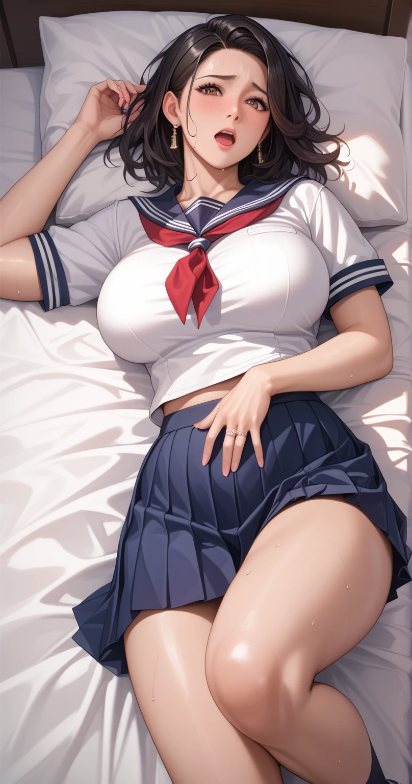 Black socks,Black Hair,Sailor suit,Short Hair,See-through,,Off the shoulder,Cleavage,From below,On all fours:1.5,,hotel room with bed,:1.5. Tokyo night view,Open your legs as wide as you can,M-shaped legs,orgasm