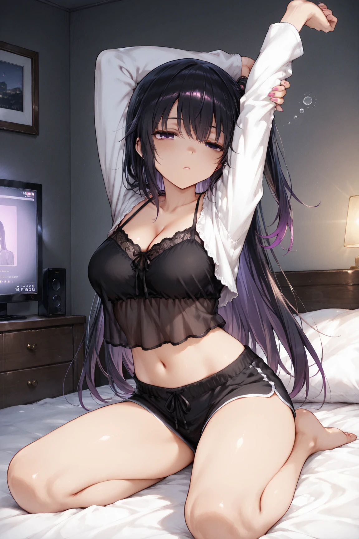 girl pushed down on bed，Strike a captivating pose，Seems helpless and unsatisfied，Milk spilled between thighs，Clothes outline a graceful figure，Hair stuck to cheeks with sweat
