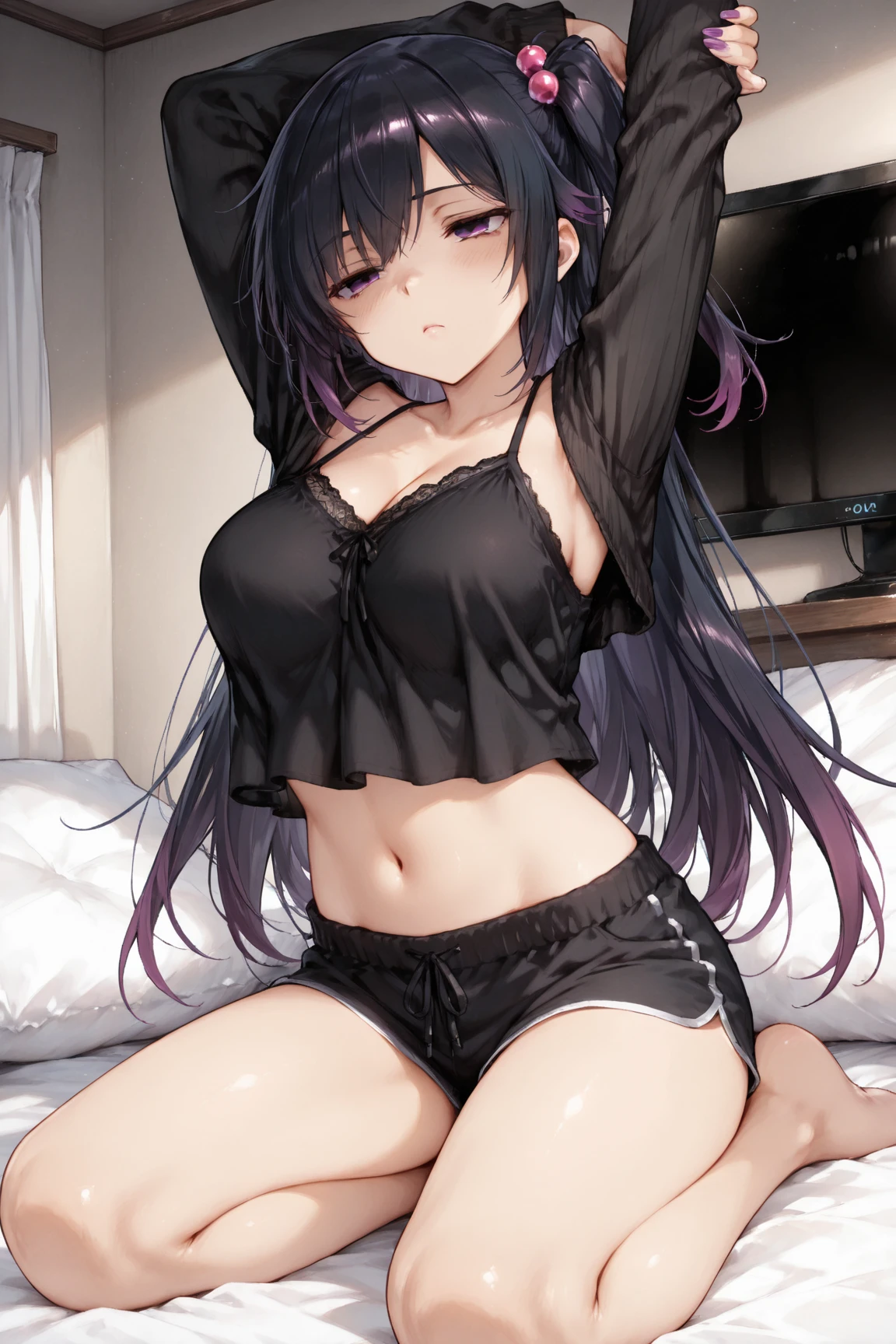 one women, In black underwear, in bedroom, lying on bed
