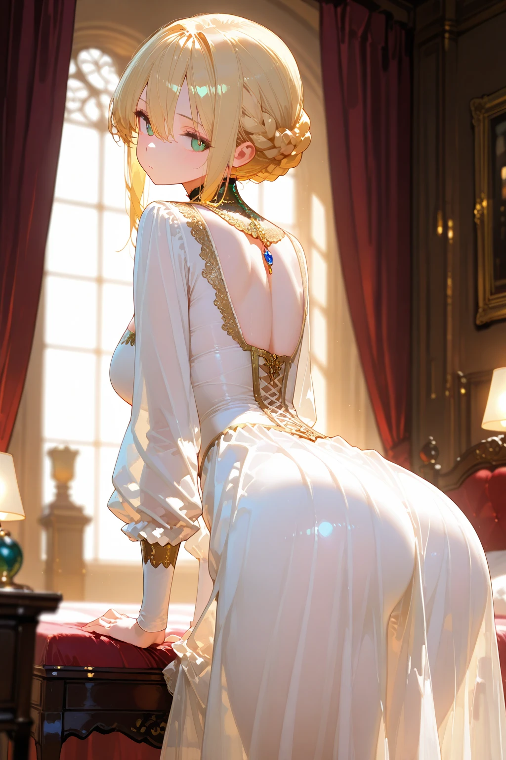 (close up) (full body pose) (humping pillow:1.3) (from behind:1.3) (adult woman:1.2) (nude:1.1) (topless:1.1) (elaborate beautiful black gold dress:1.3) (black gold long gloves) (from above) (legs spread:1.3) (on bed) (golden halo) golden chain choker, night, dark cozy bedroom, mood lighting, on bed, large breasts, large butt, thin waist, Long HAIR, light brown HAIR, (loving look:1.4), original HAIR style, Dynamic Angle, (detailed face:1.3) (dynamic lighting:1.2), (backlighting:1.2) (gold leaf bracers on arms) (gold leaf hair piece) (elaborate golden necklace) (gold roses on bed) (widow's peak hair) (beautiful stunning golden eyes)