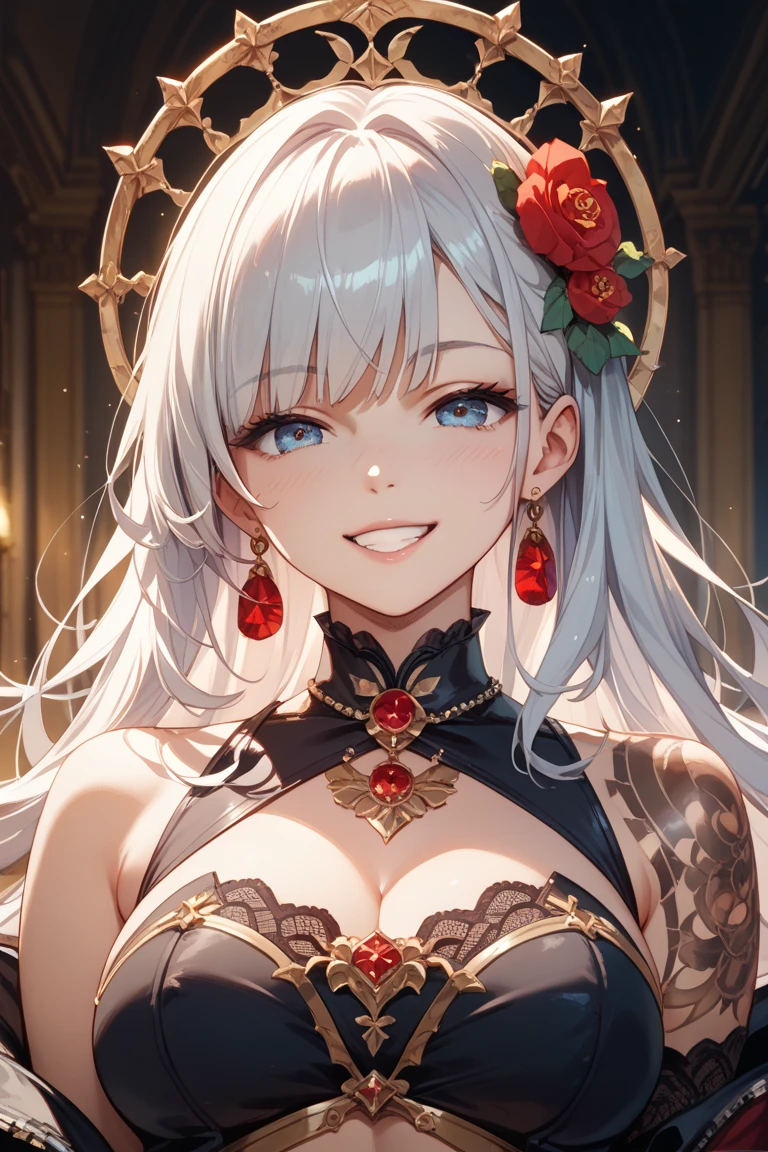 Highest quality, Great quality, 16K, Unbelievably absurd, Very detailed, 2.5D, delicate and dynamic, palace, Stained glass, chandelier, Complex Light, , , , Small face, Very delicate facial expressions, Delicate eye depiction, Very fine hair, Upper body close-up, erotic, The only sexy Japanese woman, Healthy body shape, 22-year-old woman, Emperor, Large, firm, swaying bust, Silvery long hair, Sexy long legs, Glowing Skin, Soft Skin, 豪華なゴシック風のEmperorの衣装, Complicated costumes, Costumes of intricate colours, Stand sideways, Looking into the camera