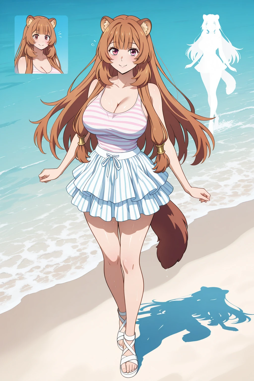 cat girl Julia from the visual novel Endless Summer, cat tail, red dress, yellow eyes, brown hair, medium breasts, Hands behind back 