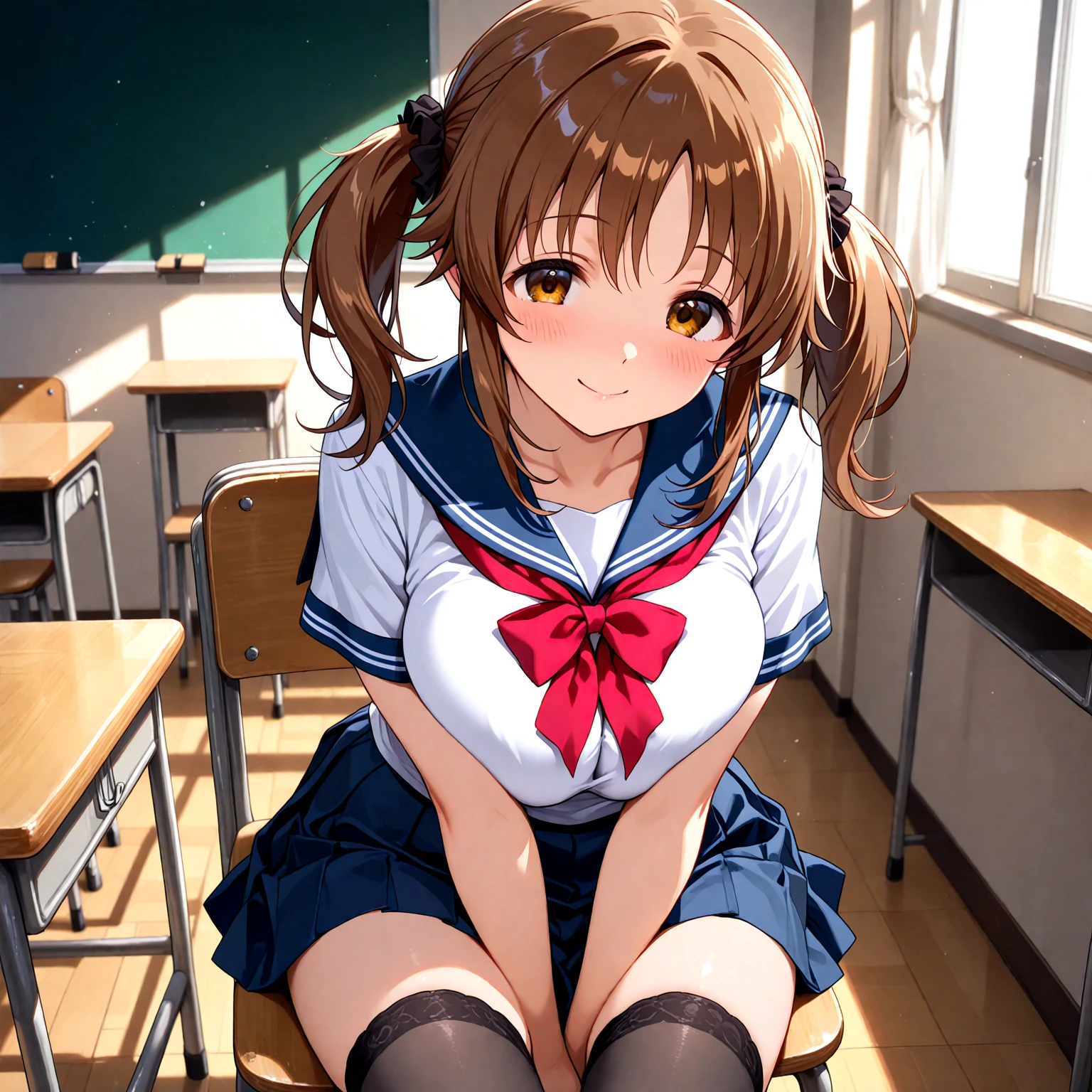 Highest quality, High resolution, masterpiece, (Beautiful Eyes), (Fine grain), Detailed face, kumiko oumae, Brown eyes, Brown Hair, short hair, Wavy Hair, smile, blush, skirt, shirt, Long sleeve, , pleated skirt, neckerchief, brown skirt, whiteいセーラーカラー, brown shirt, Kitauji High , red neckerchief, indoor, classroom, Chair, machine, (Panties丸見え:1.5), (Wide pelvis:1.5), (white_Panties:1.5), (Thick thighs), (Pubic hair sticking out:1.5), (Knee the boy in the head:1.5), nsfw