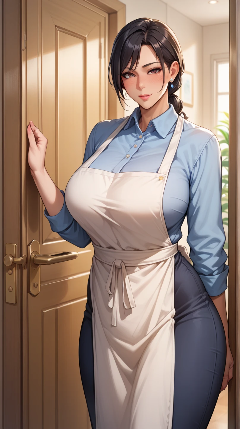 1girl, old_woman, mature_female, medium_hair, black_hair, ponytail, apron, short_sleeves, standing, crossed legs, looking_at_viewer, feet out of frame, ((masterpiece)), ((high_resolution)), outdoor <lora:lora_ncc_a5-000028:0.75>