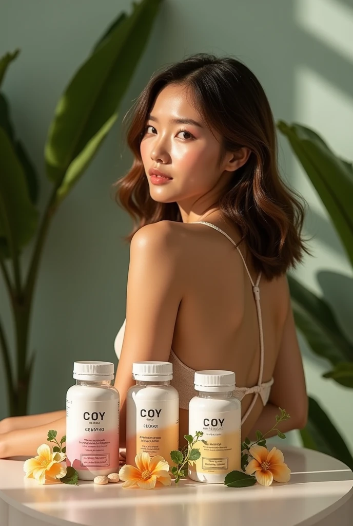 Photorealism 1.4 realistic realism high detailed definition photoshoot session at studio white screen background adult female model face look alike saori hara fox full body naked posed like model big breast lighting hold glass bottle wrote ahwee energy drink front view
