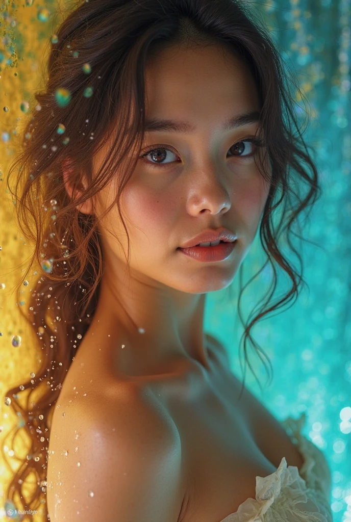a naked girl with a completely mirror-like skin cavity inside a soapy rainbow bubble against a background of planets, spaceships and satellites in space, (best quality,4k,8k,highres,masterpiece:1.2),ultra-detailed,(realistic,photorealistic,photo-realistic:1.37),hyper detailed skin, extremely intricate details, flawless skin, highly reflective, iridescent soap bubble, nebula, distant galaxies, stars, cinematic lighting, dramatic lighting