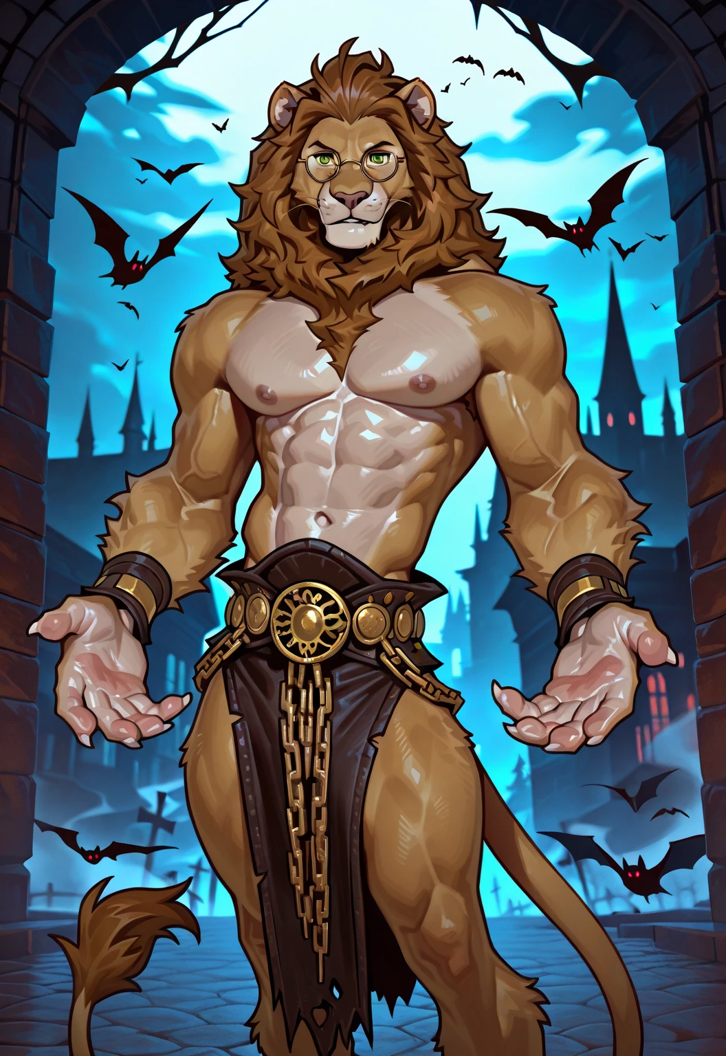 Yellow Dragon Lion, muscular, brown hair, dragon wings, horns, dragon tail, very hairy, Sexil