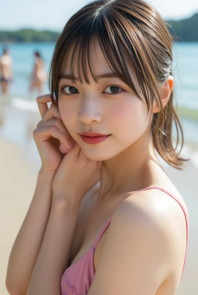 8K,Pieces fly, Highest quality, figure, Very detailed, finely, High resolution, 8k wallpaper, Perfect dynamic composition, Dark and beautiful eyes, Random color micro swimsuit, Random Cute Hairstyles, Large Breasts, Natural color lip,At the Beach, Random cute poses,smile