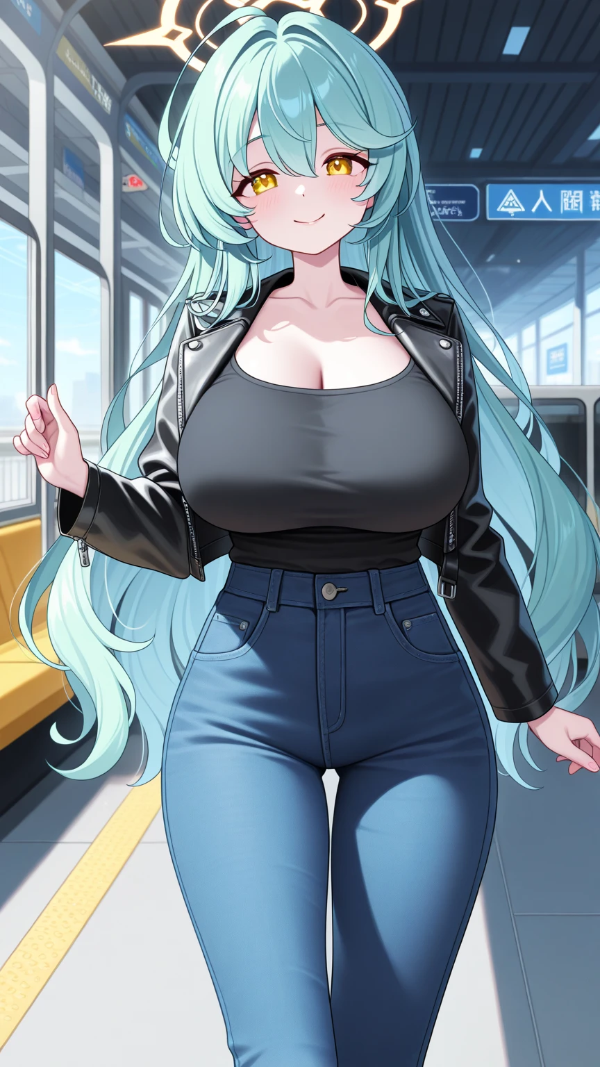 NFSW,newest, ai-generated, intricate details,, (embarrassed,blush),(aroused fece),,naughty face,masterpiece,((steam)),((sweat)),very high quality, 4K,1girl, mature girl, mature,gal,GAL, aroused,(emerald light green hair:1.3),short cut hair,small fusion medium tits,nobra,braless,(curvy body),(((shinny purple eye))),((off-the-shoulder shinny glossy black leather jacket)),(((big fishnets pattern compression tops))),(((compression very shinny wety oily tight very lowrise skinny denim jeans pants))),choker,hairclip,tuck in shirt,ear piercing,nipples hard poking see through,full body shot,((standing pose)),(trembling),(((in train))),perfect hand,(put your hands behind your head),(((nipple noose ring))),((puffy long nipple)),((exhibitionist)),