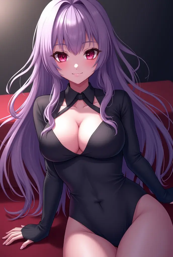 fox girl, big breasts, Voluminous purple hair, masterpiece , red eyes, hd, Head to Chest, buried in my chest、underboob、Tank top