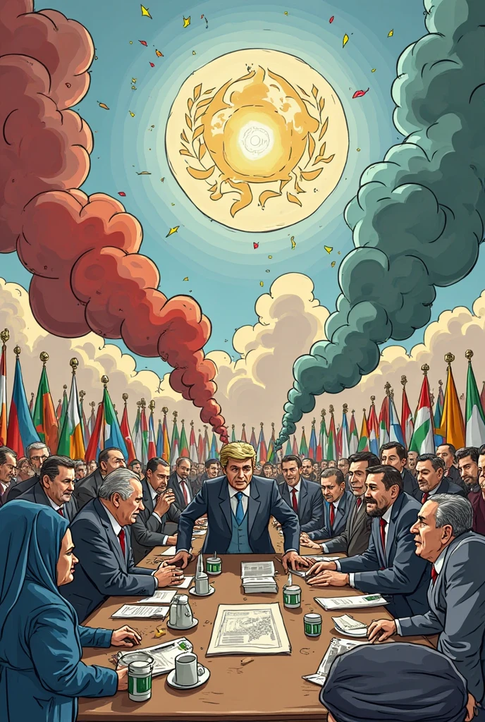 You need to act like a tenth grade student and you have to make a drawing that represents what is currently happening and what you interpret in the conflict between Palestine and Israel., that it is very creative and cartoonish that you have a lot of variety and creativity try to make it more like chaotic 