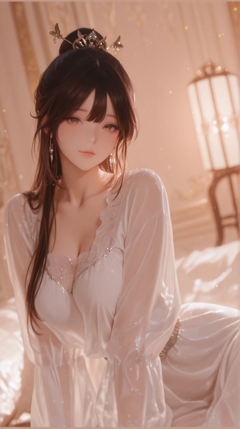Highest quality, masterpiece, Ultra-high resolution, (Realistic:1.5), RAW Photos,Dark Background、Professional Lighting、Professional Lighting、1 girl, Off the shoulder, In the Dark, Deep Shadow, secret key, Cold Light, Sexy Looks, Gorgeous Dress、elegant necklace、((Small breasts))、Looking at the audience、