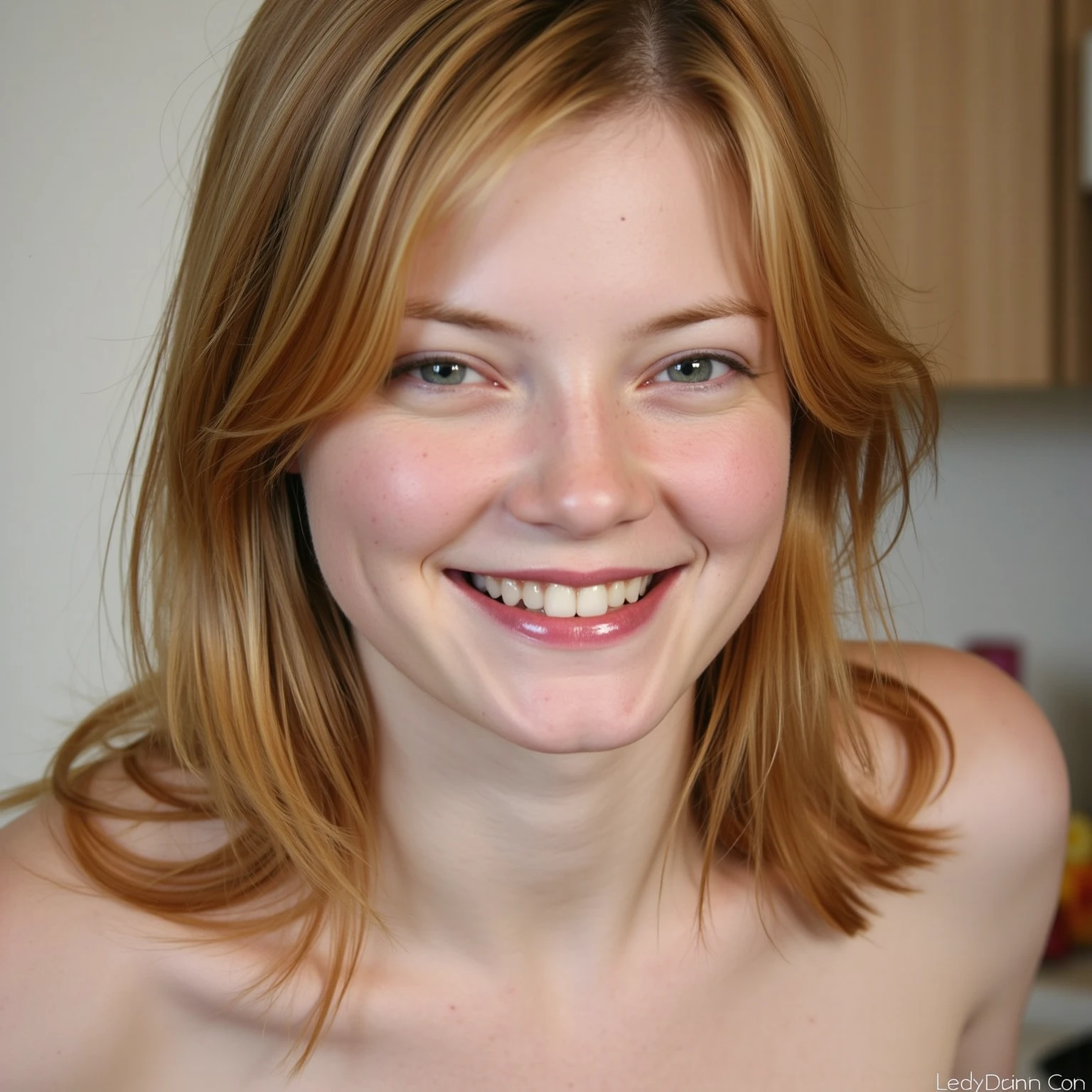 Sophia Lillis in a museum room and naked with a smile