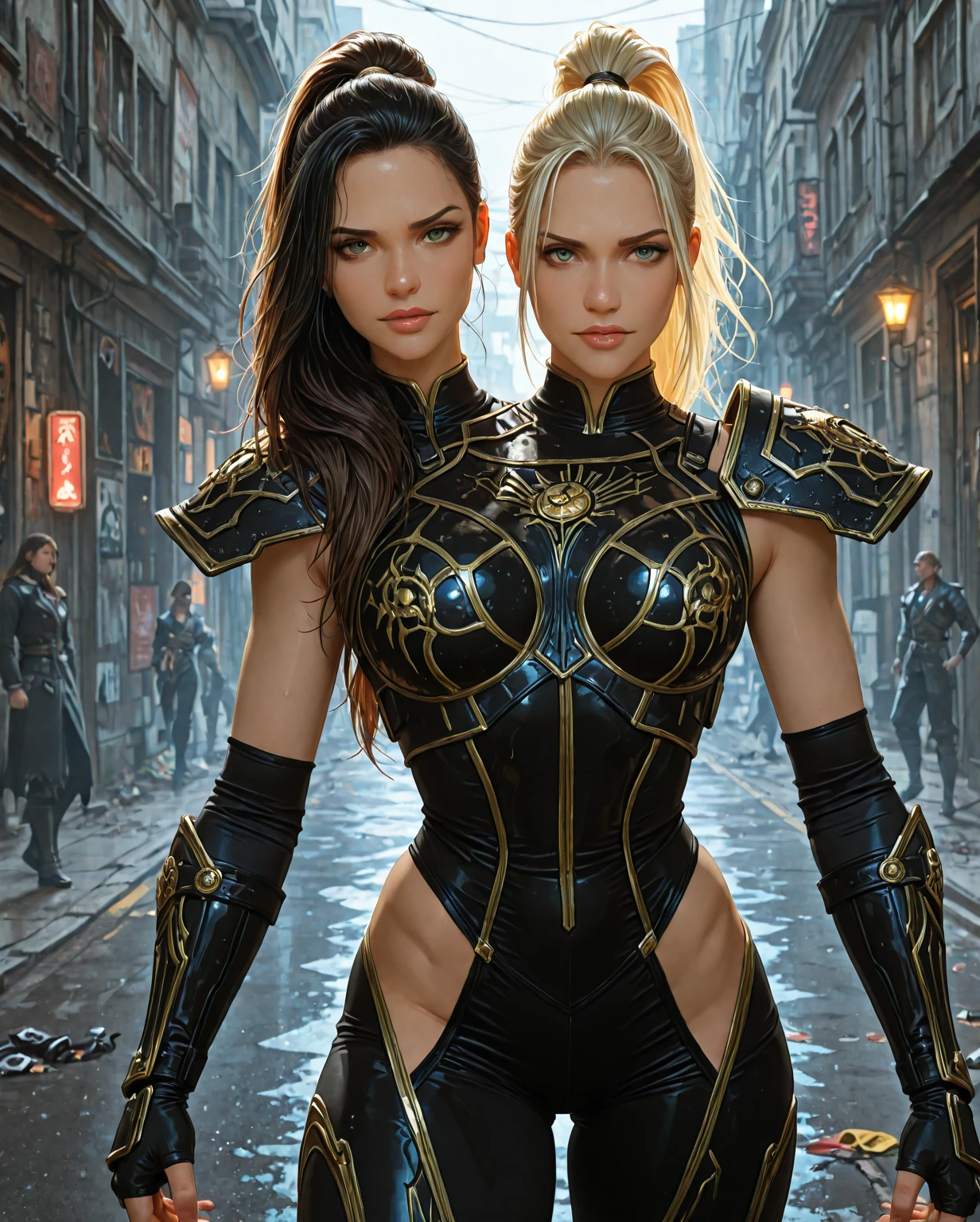 NSFW, 8k, best quality, highres, realistic, real person, A dramatic scene of the same fierce and muscular female knight with golden hair, now in a defensive and struggling pose. She is wearing light armor that reveals her muscular abdomen and arms, and her expression shows intense strain and struggle as she is being struck by a sword. The background depicts the chaos of the battle and the ancient castle.