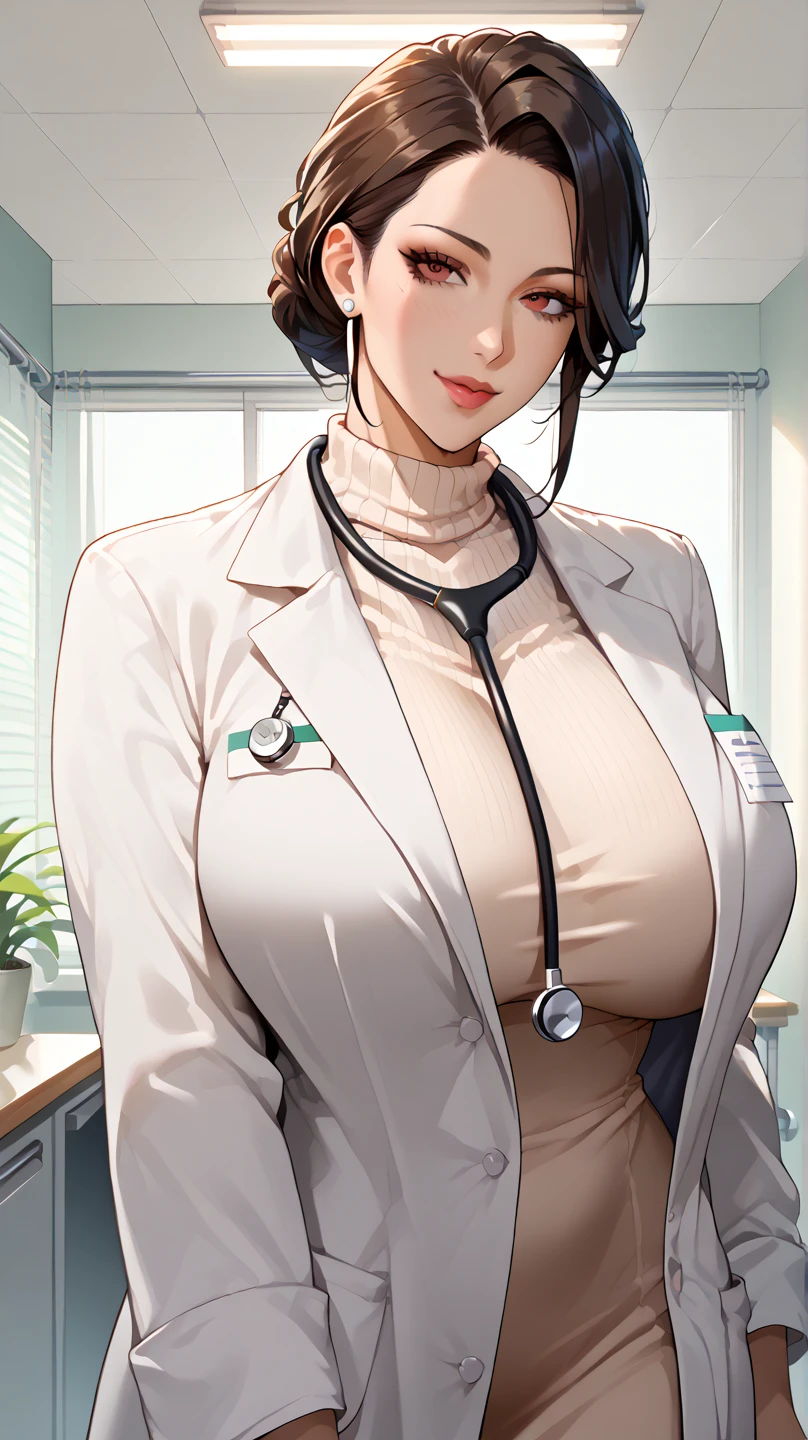 (((masterpiece))),(((High resolution)))、(((8K quality)))、(((Perfect Face)))、((Top quality eyes)), Attractive 40 year old woman, Anime Style、There is a lot of hair in the front、wavy hair, medium hair, ((hair over one eye)), red hair, small eyes, brown eyes, Beautiful Eyes、red and thick lips、Big Breasts、Big Ass、night、Cleavage、doctor uniform, Wearing a white coat、Stethoscope hanging around neck、cowboy shot, Bullish expression、smug face、smile, At the hospital、Sit on a chair、crossed legs, panties、Fanning from below、