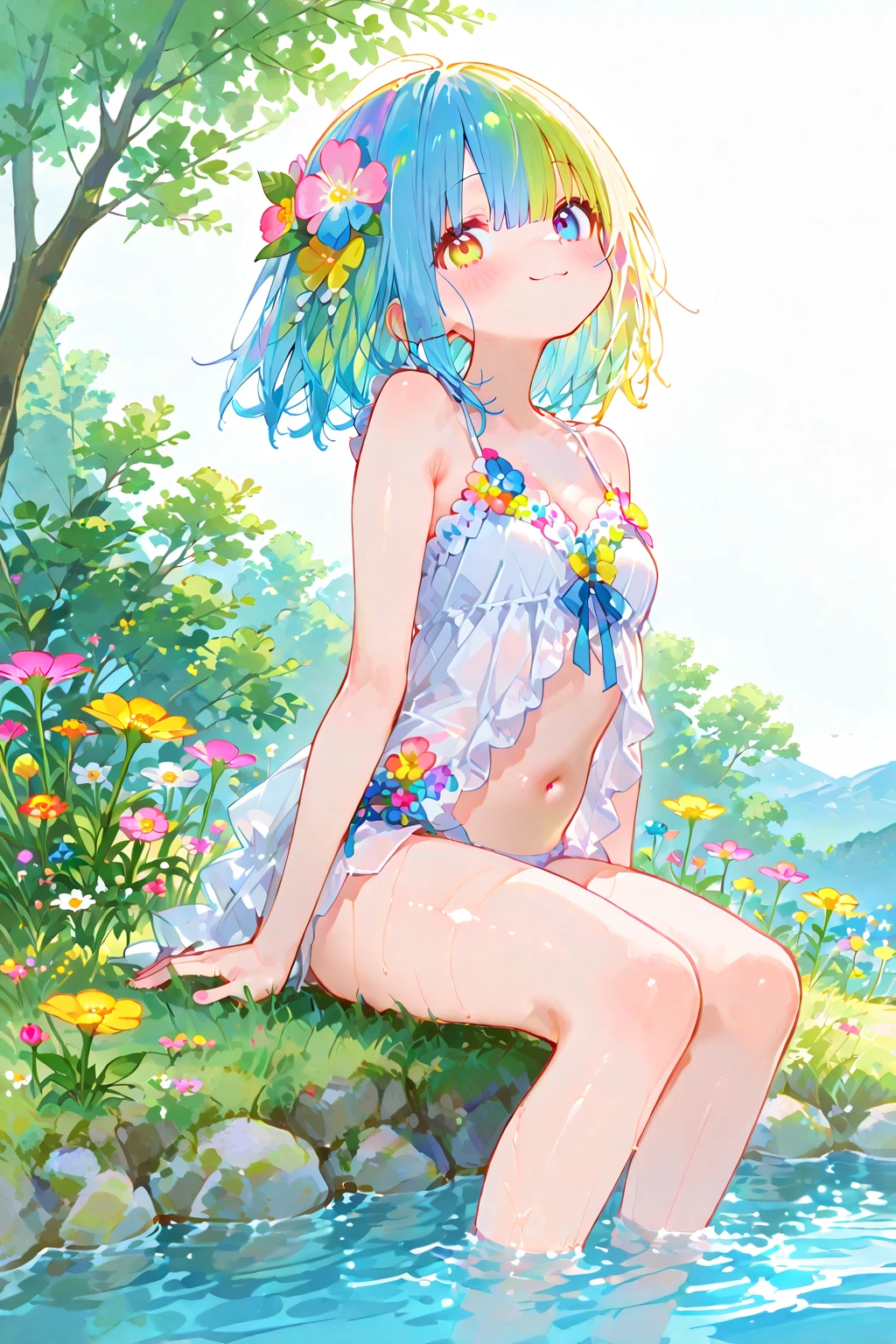 masterpiece, best quality, 4k, blush, outdoors, daytime, simple background, blue sky, rippled hair, sky, looking at the audience, girl, flat breasts, (chibi:0.6), very cute expression, small short legs, avatar, toes, blue small swimsuit