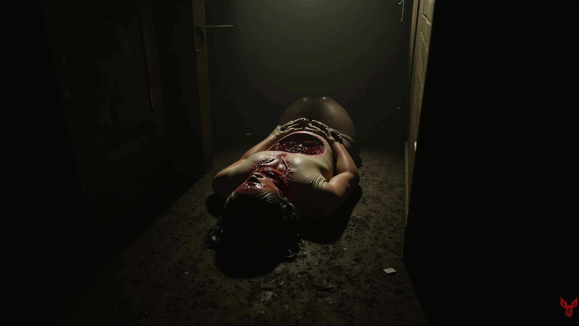 A dish with detailed RAW meat and lots of blood. On the table is a bizarre, scary, creepy doll with terrifying details. She will eat the meat. There are candles lit throughout the scene.