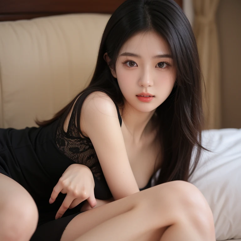 une femme de 18 ans sexy et mince , black short sleeve nightdress, sur un lit, se touche,position sey,sensuel,doggystyle,