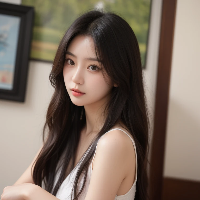 Best Quality, 8k, Masterpiece, (Portrait: 1.3), (photo realistic:1.4), (hyper realistic:1.4), Sharp Focus, looking at viewer, (smoother lighting:1.1), (increase cinematic lighting quality:0.9), realistic lighting, backlighting, light on face, ray trace, (brightening light:1.2), (Increase quality:1.4), sharp detail, (best quality real texture skin:1.4), finely detailed eyes, black_eyes, finely detailed face, 25 year old Korean woman, (white formal_shirt:1.4), (Create an image maintaining the original base model hairstyle:1.5)
