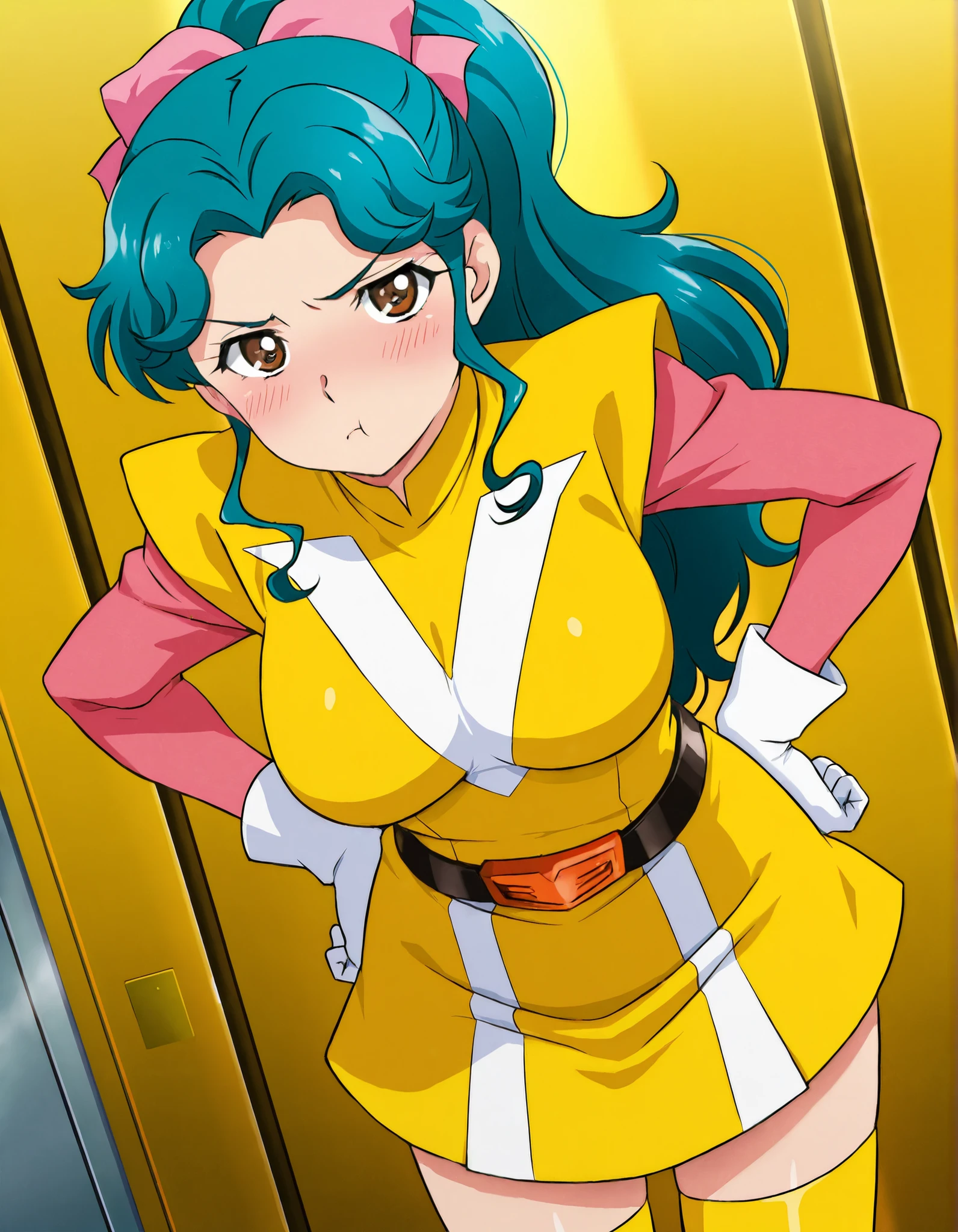 ((masterpiece、Highest quality, High resolution、Beautiful Face、Detailed eyes、1990s anime))、((Only One Woman、Simple white background、Angle from the front、Wide pelvis、Thick legs))、Big Breasts、((Dynamic Pose、Motion Lines、Thick thighs、Standing posture、Open Mouth、White panties are visible))、Waistline、Cowboy Shot、(Embarrassed smile、Smile、Aqua Hair、green short ponytail、Yellow vest、Pink long sleeve、Yellow mini skirt、White gloves)、Chubby、Megumi Oka、Waist belt、Pink hair ribbon、