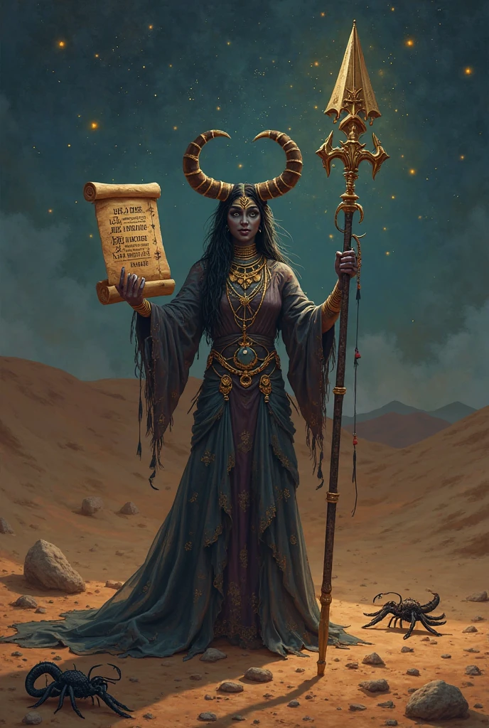a drawing of a demon with a staff and a demon , 1girl, solo, long hair, breasts, smile, holding, purple hair, nude, horns, colored skin, chain, staff, magic circle, tarot
