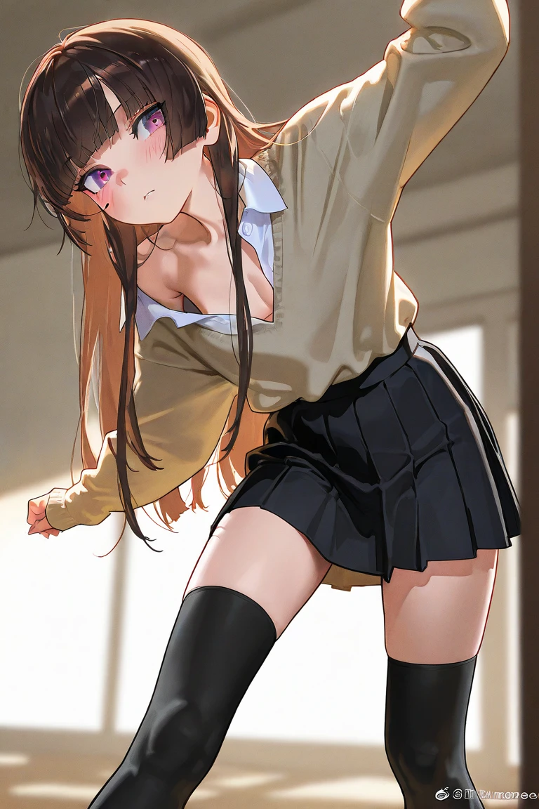 (masterpiece, best quality:1.2), 1girl, solo,standing_split,
Yuuki Mikan, long hair,black sleeveless short vest,pink skirt,black
