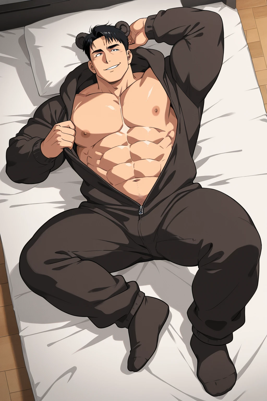 *muscular man is in his body, he is up and shirtless, only in black shorts, he raises his arm and shows his stinky armpit, very very very hairy, they also have a lot of hair on their chest and armpits, muscular arms and a sweaty body, black hair, their room is messy. The bed is unmade and his underwear is sweaty on the floor, a tanned man shows stinky and very hairy armpits, but more hairy armpits that are too hairy and his chest is also very hairy. a little and very sweaty and stinky very hairy armpits too hairy and stinky hair from his shorts to his shoulder a lot of hair on his chest too hairy and stinky and sweaty 