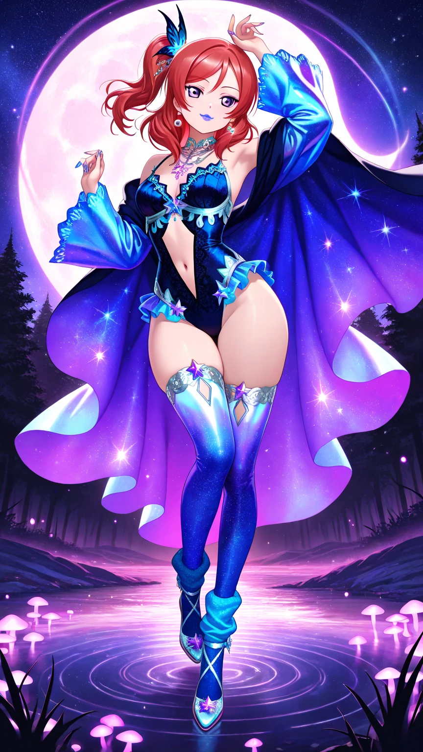 ara ara, horney, one piece, seductive posture, sexy pose, mature female, milf, multiple color hair, narrow waist, ((perfect female figure)), skindentation,  masterpiece, ultra detailed, 8k, 4k, mature_female, masterpiece, best quality, ultra-detailed, illustration, 1girl, solo, fantasy, flying, night sky, outdoors, magic, spells, moon, stars, clouds, wind, hair, cape, hat, boots,  glowing, mysterious, enchanting, whimsical, playful, adventurous, freedom, wonder, imagination, determination, skill, speed, movement, energy, realism, naturalistic, figurative, representational, beauty, fantasy culture, mythology, fairy tales, folklore, legends, witches, wizards, magical creatures, fantasy worlds, composition, scale, foreground, middle ground, background, perspective, light, color, texture, detail, beauty, wonder, redhead,