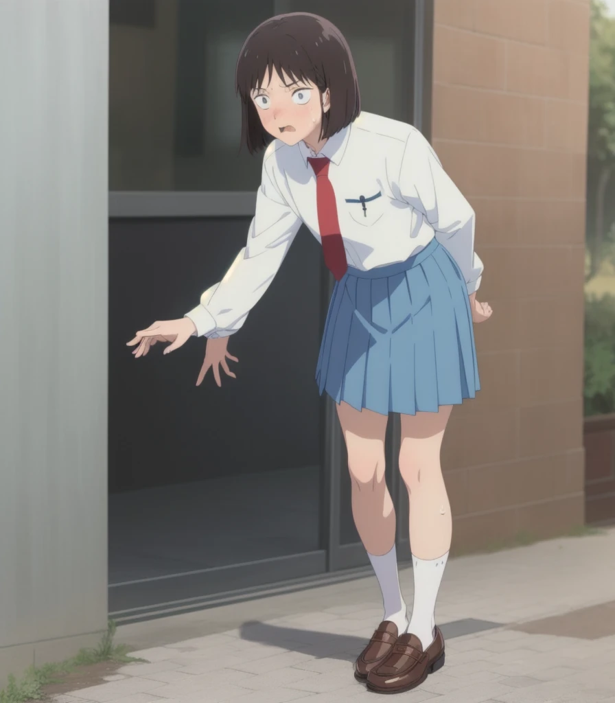 PlumpOzawa,1girl,
serafuku, long skirt, neckerchief,
pleated skirt,
socks,shoes, full body view, shy, upskirt focus view, pink striped panties, wet panties, panties close focus, under view, skirt lift, wet legs