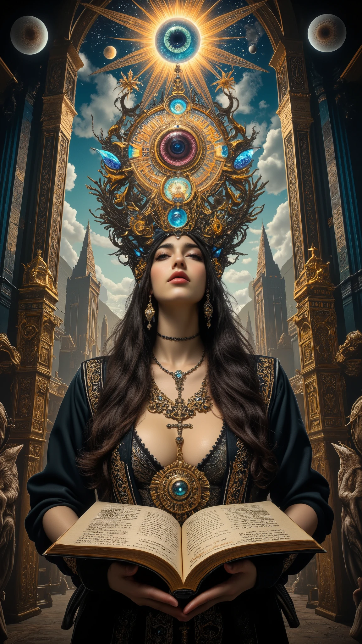 Surreal Painting, An extravagant, mysterious female figure, gazes at viewer with secret smile,dressed in intricately embroidered black and white medieval clothing that fits her form perfectly , A jeweled rosary necklace with a large crucifix rests on her shoulder,Allusions to a historical or religious background or past lives, her hands are tightly gripping a very ancient illuminated book of Alchemy glowing with ancient magics and Angelic Enochian magic, with arcane graphs and suggesting studiousness and contemplation, A number of abstract shapes and dragon heads, cyclops things and creatures of myth blend seamlessly around the mysterious figure's head,Set against a vivid , an alien cosmic montage of strange vistas of backdrop, Jagged iridescent geometric shapes, The background features celestial bodies such as planets and moons,Above these shapes are disarticulated eyes,Adding to the dreamy, mysterious atmosphere, The scene is set in a dark, expansive temple open to the sky, Suggesting a journey through time and space, The contrast of light and shadow, Fantastic Mood, A visually appealing piece, Deep symbolism, Various interpretations.6