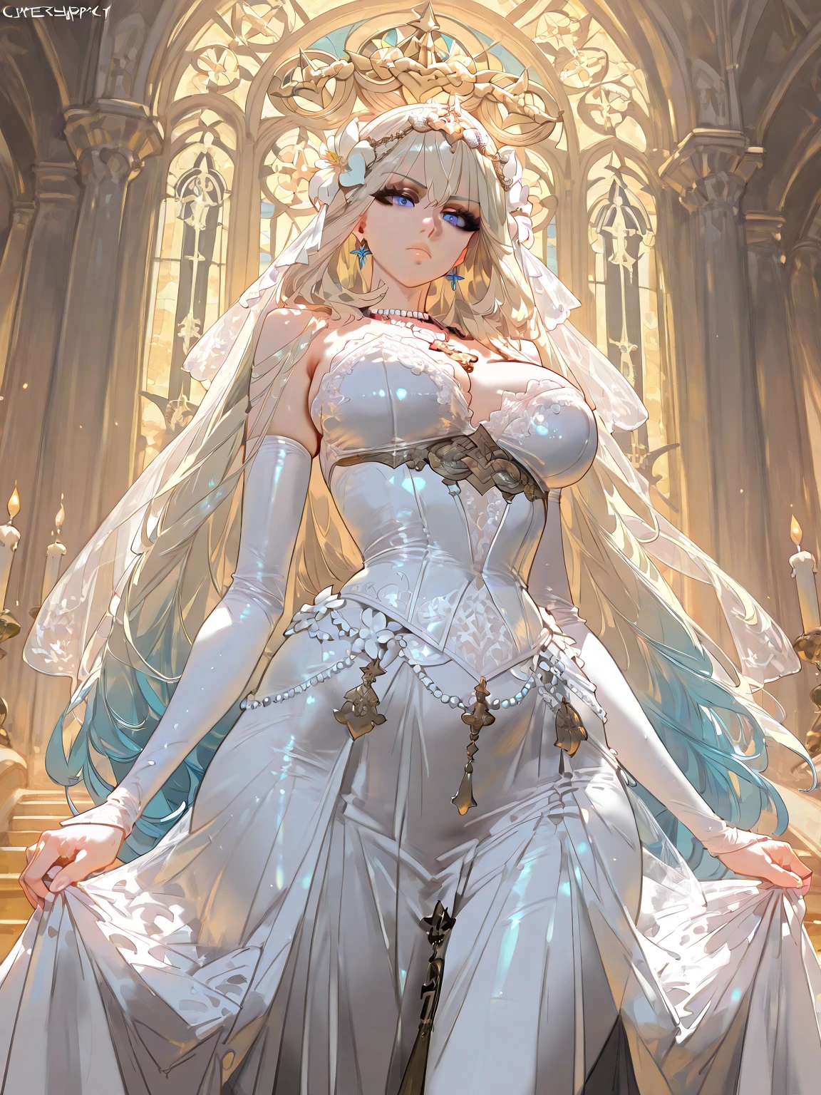 ((anime artstyle)),(Masterpiece),(Best Quality), (Super Detail),((Very Delicate and Beautiful)),Focus on character,Dynamic Angle,Looking at viewer,((Solo)),standing,((full body)),((one princess in gorgeous ball gown wedding dress with voluminous skirt)),((June bride)),detailed face and eyes,jewel-like eyes,((Very Long voluminous Hair)),gorgeous embroidery and lace,((gorgeous corsage)),See-through,(Gorgeous jewelry ornaments),luxury hair ornament,luxury tiara with jewels,ornate ruffles,((gigantic breasts,Long breasts)),indoor,church wedding,((full body)),hoop skirt,crinoline,very long wedding veil,(((fusion of jeweled wedding dress and gorgeous embroidery rococo ballgown)))