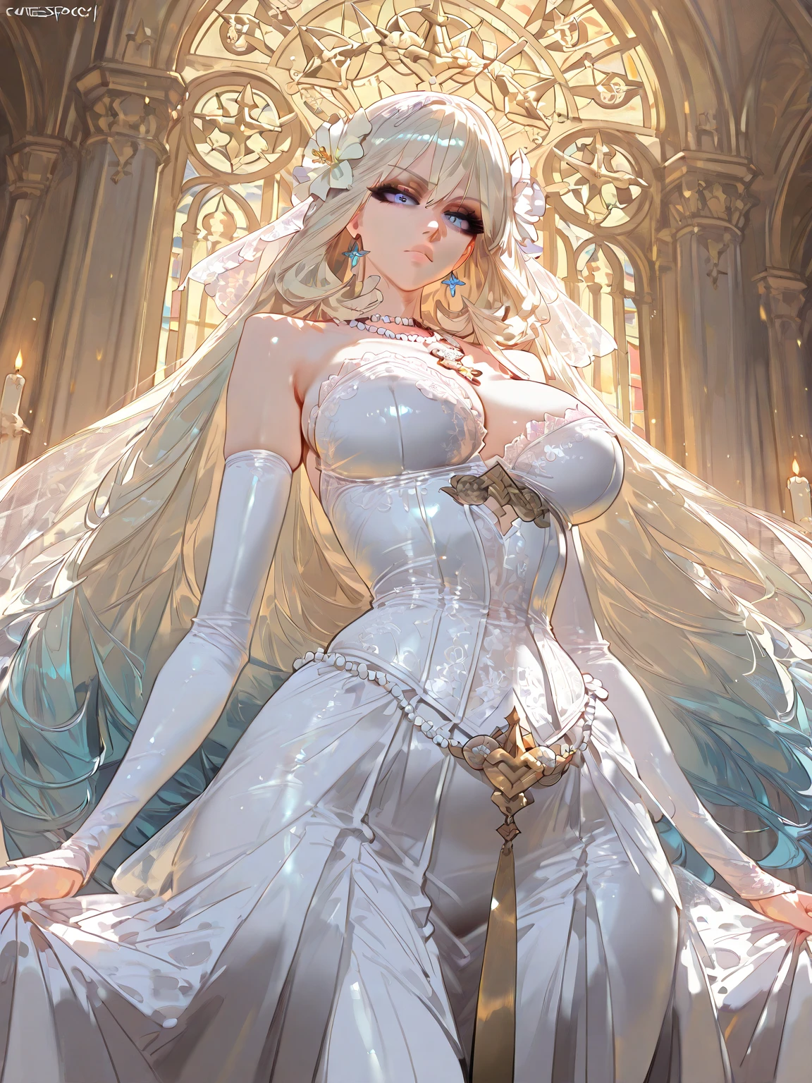 High resolution RAW color art, animation,Sculpture, Silver Marble Skin, (((Highly detailed elegant))), Magical atmosphere, Detailed skin, texture,(Exquisitely crafted, The finer details, Ultra-detailed art), Depth of written boundary, Bokeh, Silky Touch, Hyper Detail,,euphilia, One Girl,Anime girl with long blonde hair and dark turquoise eyes in a white dress, Glowing green eyes,Beautiful Eyes, Elegant face, Magic City, sunrise, Upper Body, (Big Hips, View from below), Under the chest