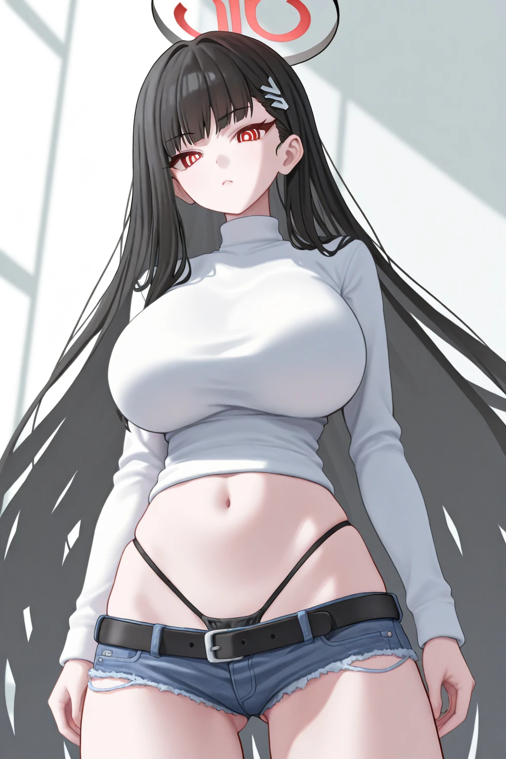 best quality, amazing quality, very aesthetic, absurdres, 1girl, rio (blue archive), blue archive, red eyes, black hair, strapless, (artist official art:1.5), (realistic face), (), (cowboy shot), (concept art:1.5), panties, (thigh, glowing eyes:1.4), expressive eyes, perfect face, 4k, extremely detailed anime illustration, extremely detailed eyes, enhanced details, perfect anatomy, light rays, photo background, extremely delicate body, smooth skin, feminine expression, (black background:1.5), cristal clear eyes, beautiful face, big breasts

