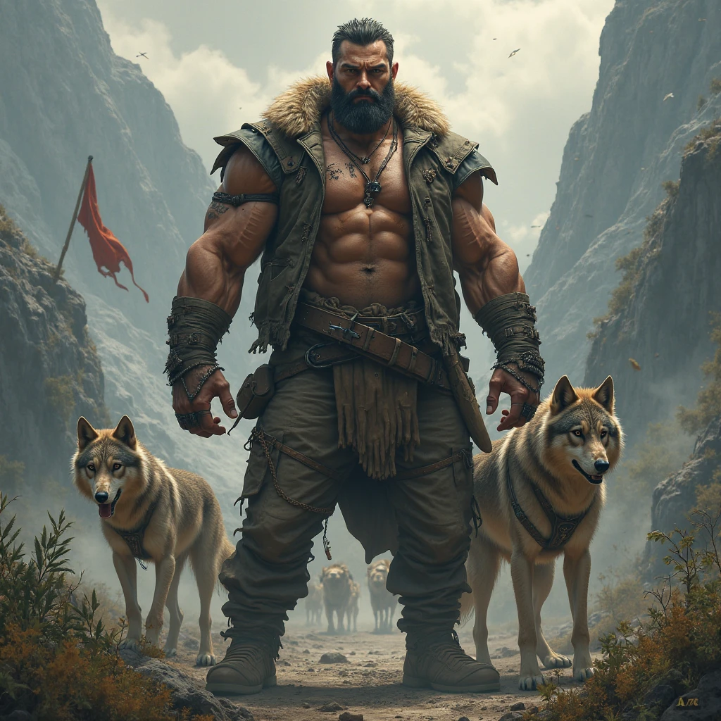 the best quality, very high resolution, detailed 4K CG, Masterpiece artwork, augur, Nordic Deuses, handsome man plus a wolf, rune tattoos, viking, Celtic mountains, tall trees, blue sky, Norse mythology, viking rune tattoo, beautiful aesthetic, Beautiful picture, There are beautiful ancient ruins in the back