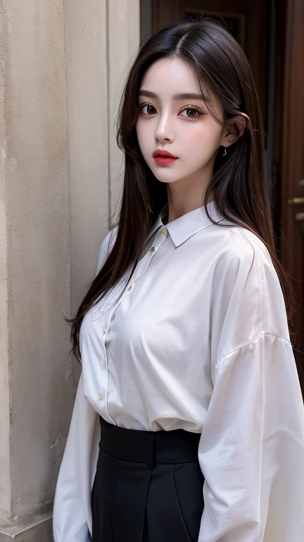 detailed background, masterpiece, best quality, 1 person , curly hair, long hair, purple eyes, star in eye , grey Strapless blouse, long  skirt, grey , grey blouse , beautiful bow, detailed bow, 