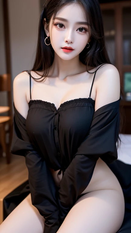 full hd 8k, Girl standing in front of a dark night scene, full moonlight reflecting on her beautiful face. Her long, silky hair was gently blown by the night wind, creating a gentle and romantic feeling. She is walking on a large beach. She looked up at the starry sky, as if searching for something, her eyes showing a pensive and lonely look. The full moon shines in the night sky creating a beautiful scene. The girl has long, strands of hair, Light blonde hair, a luxurious and noble beauty. The moonlight shines on the girl's delicate face, highlighting her large, round light brown eyes, creating a natural, gentle beauty. She wore a mini red nightgown to create a sexy beauty. These images capture detailed panoramic portraits and views of the sky and sea. All create a beautiful, wonderful picture that makes people unable to take their eyes off the scene. All of these details are depicted clearly and sharply,